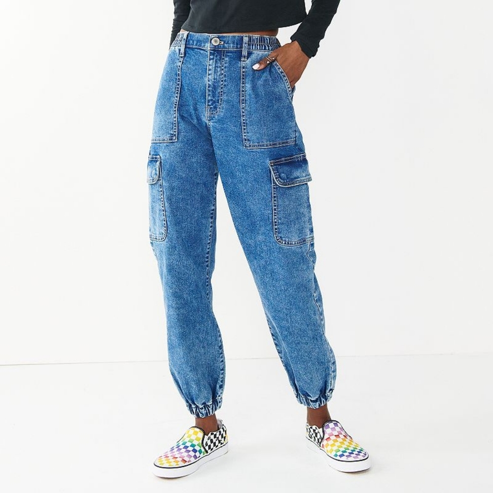 Junior's 5 SO Cargo Joggers High rise Mom Jeans Blue Denim Pants 27 Stretch